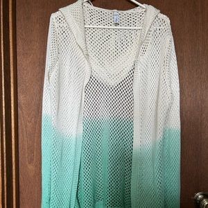 #21 Indigo crocheted two color sweater cover size large